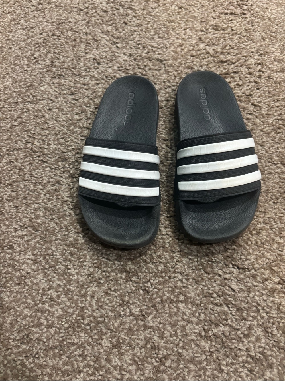 adidas Kids Black Slides with White Three-Stripes
